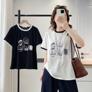 上衣女 正肩简笔小狗印花宽松遮肚子半袖 胖mm短袖 t恤撞色圆领大码