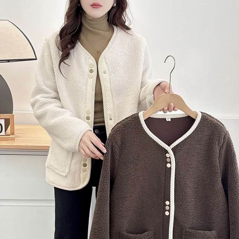 胖mm外套拼色包边宽松颗粒绒上衣