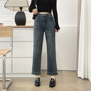 显瘦半松紧腰弹力九分直筒裤 女胖mm早秋2024新款 大码 小个子牛仔裤