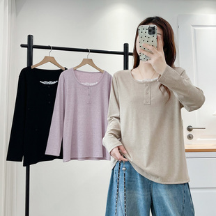 2025秋季 打底衫 新款 蕾丝拼接假两件长袖 胖mm200斤时尚 t恤女大码