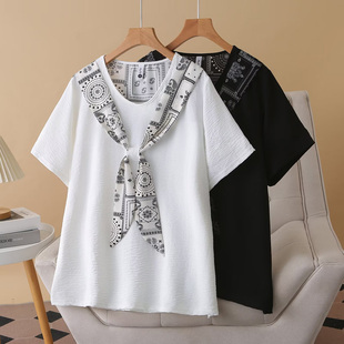 200斤胖妹妹时尚 大码 洋气系蝴蝶结宽松休闲遮肚子t恤 女夏薄款 短袖