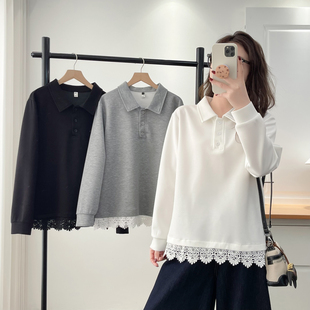 长袖t恤女大码正肩遮肚子2026春季新款200斤时尚蕾丝拼接翻领上衣