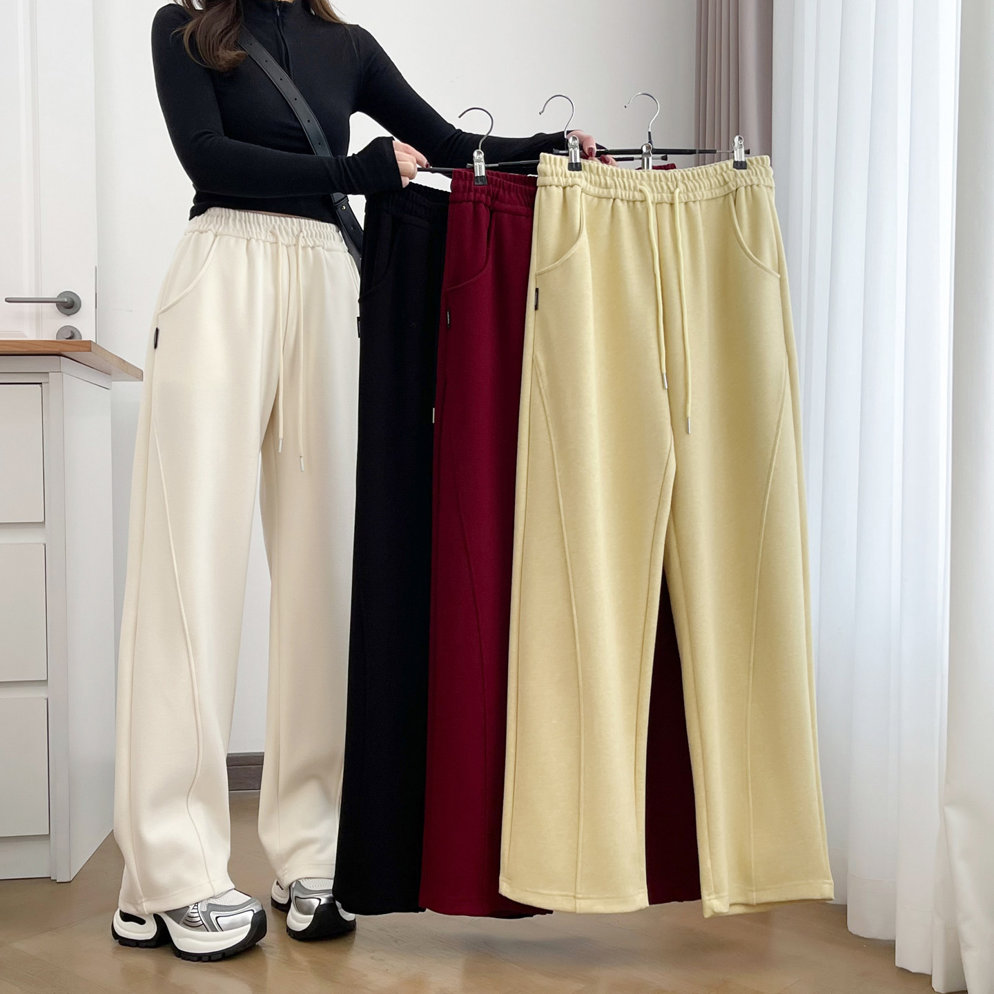 休闲女士弯刀裤2026春季新款胖mm200斤抽绳松紧腰显瘦宽松直筒裤 - 一抹初蓝大码女装出品