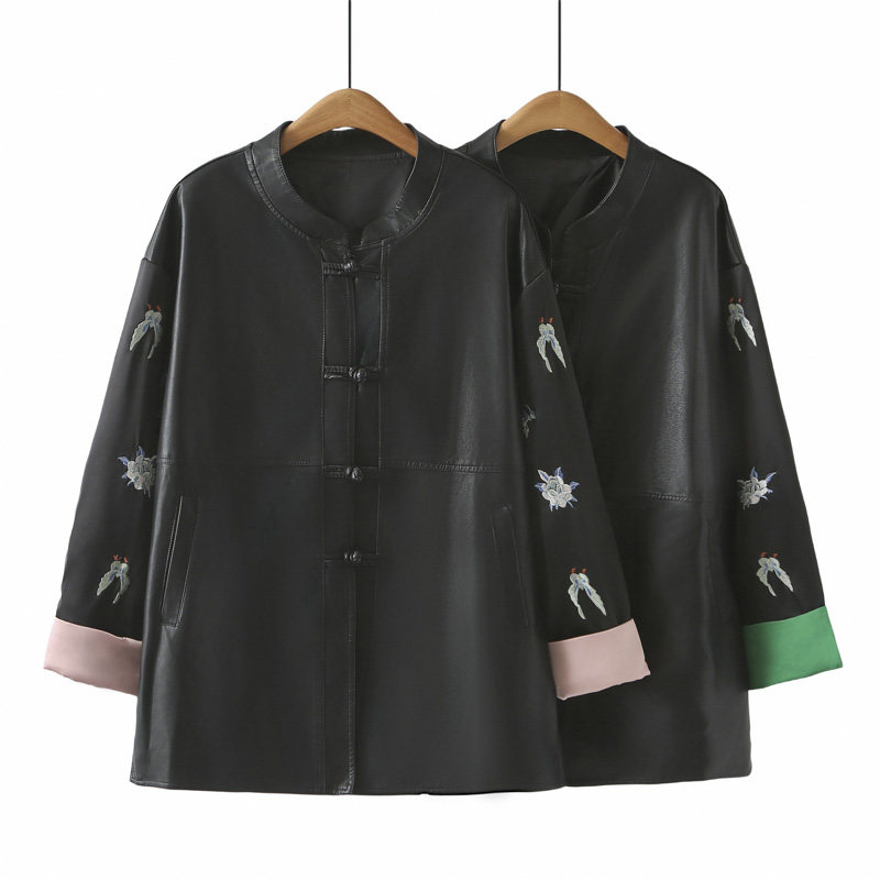 皮衣外套女大码胖mm中长款2024秋季新款立领刺绣拼色国风盘扣上衣