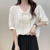 盘扣v领拼接短袖 国风半袖 上衣 2024夏季 新款 女大码 200斤胖mm套头衫