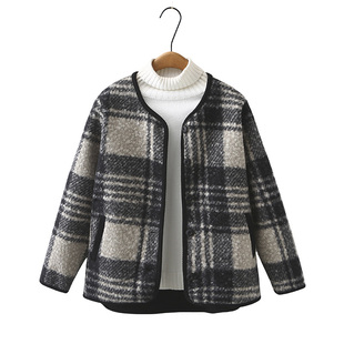 女士大码秋冬外套2024年新款胖mm200斤韩版时尚格纹圈圈毛呢上衣