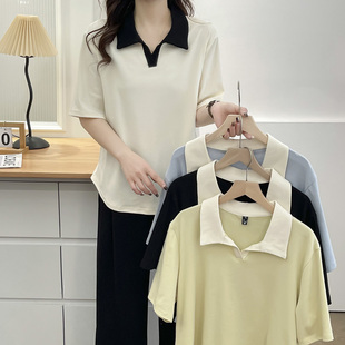 胖妹mm200斤拼色翻领显瘦遮肚子短袖 上衣女士t恤2025新款 夏季 大码