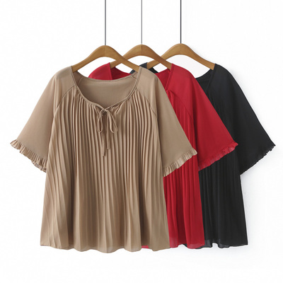 大码宽松短袖女百褶花边雪纺上衣