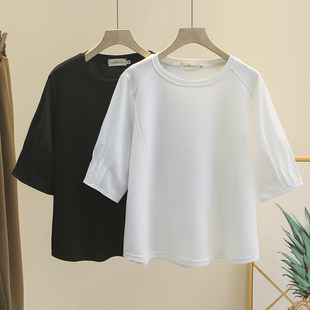 新款 2025夏季 胖mm时尚 简约褶皱袖 t恤女大码 拼接宽松半袖 正肩短袖