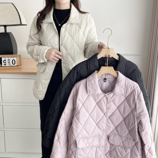 胖妹妹时尚 女棉服2024秋冬新款 减龄翻领菱形格宽松小棉袄 大码 薄款