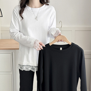 女大码 简约圆领遮肚长袖 2025春季 胖mm时尚 t恤 新款 蕾丝花边打底衫