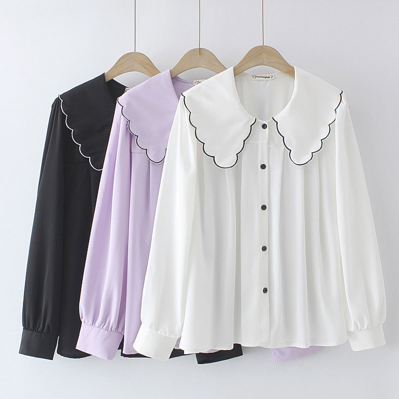 大码娃娃领宽松长袖上衣减龄花边