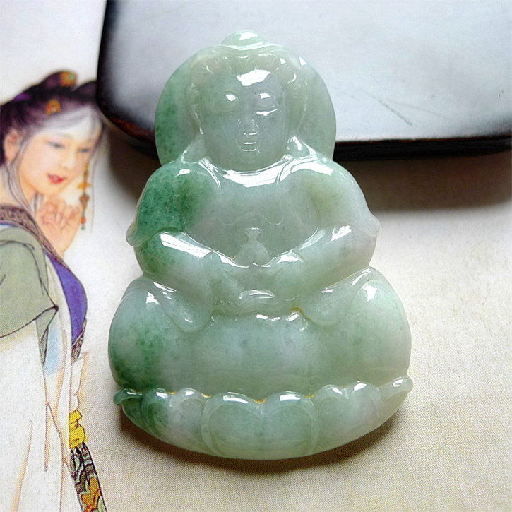 天然缅甸翡翠A货老坑种精美水润观音吊坠配证书