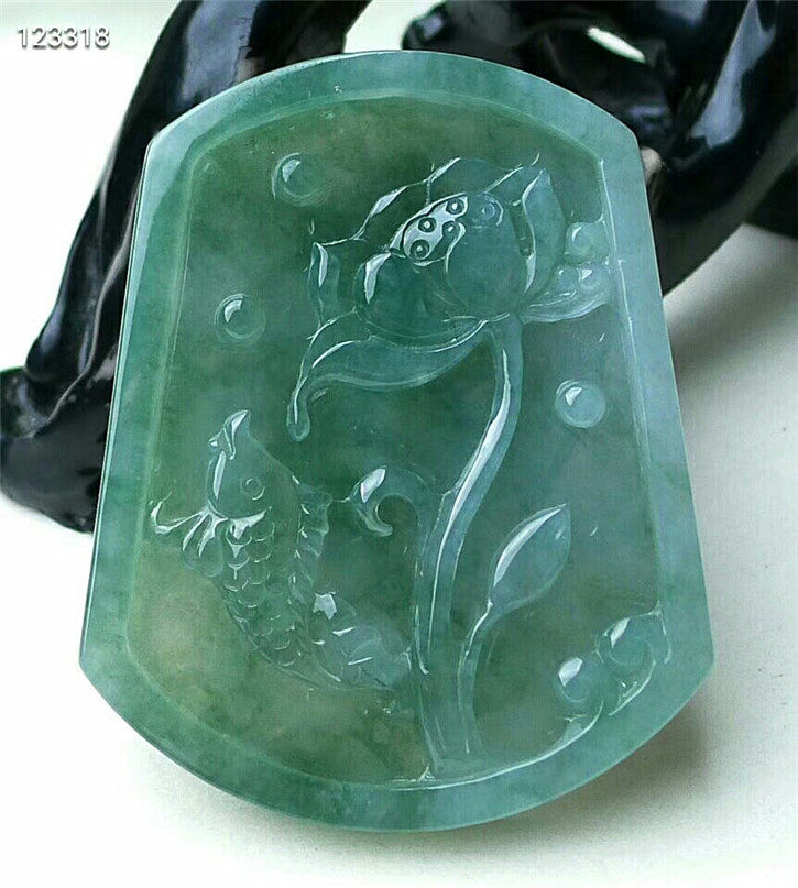 天然翡翠A货老坑种翡翠 精雕水润荷花鱼吊坠 配证书