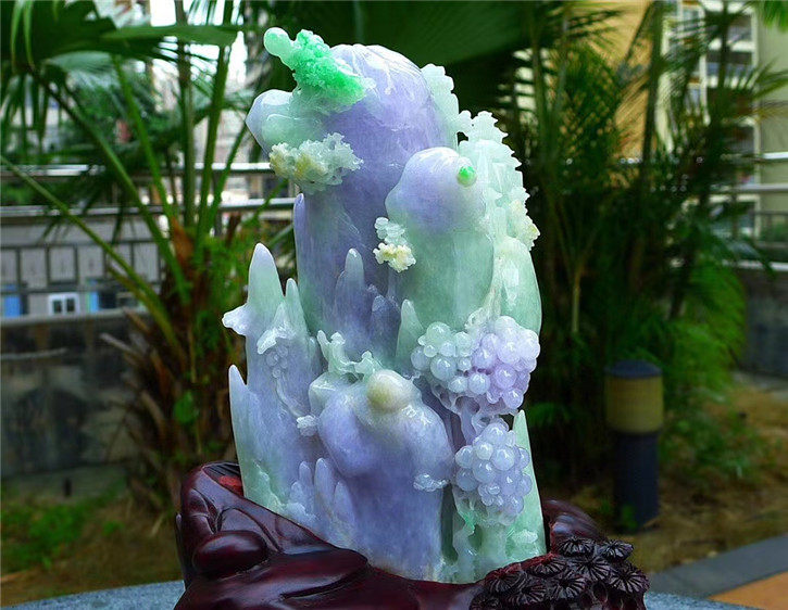 缅甸天然翡翠A货老坑种 精雕紫罗兰紫气东来山水摆件 配证书
