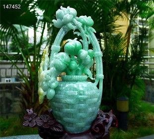 缅甸天然翡翠A货老坑种 精雕花开富贵五谷丰收摆件 配证书