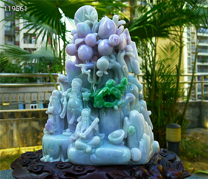 天然翡翠a货老坑种翡翠 精美福禄寿招财进宝摆件 配证书