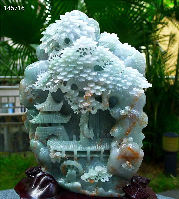 缅甸天然翡翠A货老坑种 精雕摇钱树高山流水摆件 配证书