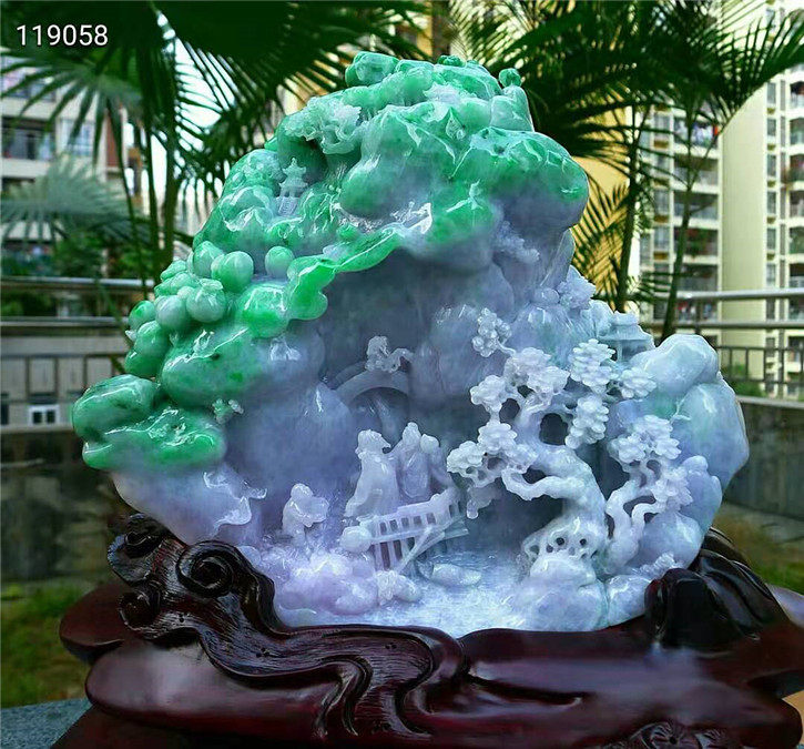 天然翡翠A货老坑种翡翠 精雕阳绿色山水摆件 配鉴定证书
