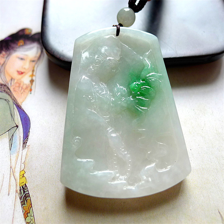 天然缅甸翡翠A货老坑种精美水润如意观音吊坠配证书