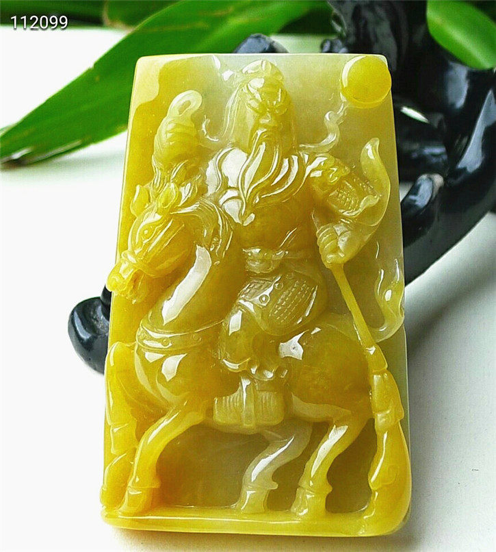 正品天然翡翠A货老坑种翡翠 精雕关公吊坠 配鉴定证书