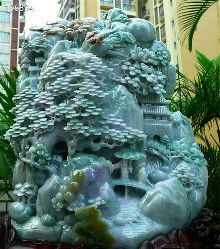 正品天然翡翠A货老坑种 高山流水摆件 配鉴定证书
