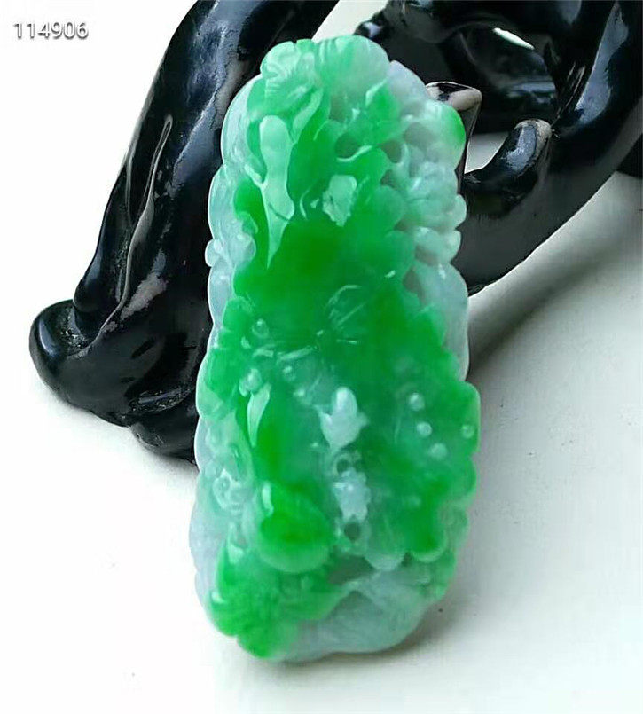 正品天然翡翠A货老坑种翡翠 精美阳绿色荷花鱼吊坠 配鉴定证书