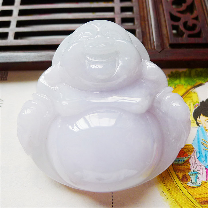 天然翡翠A货老坑种精美水润浅紫色开心佛吊坠配证书