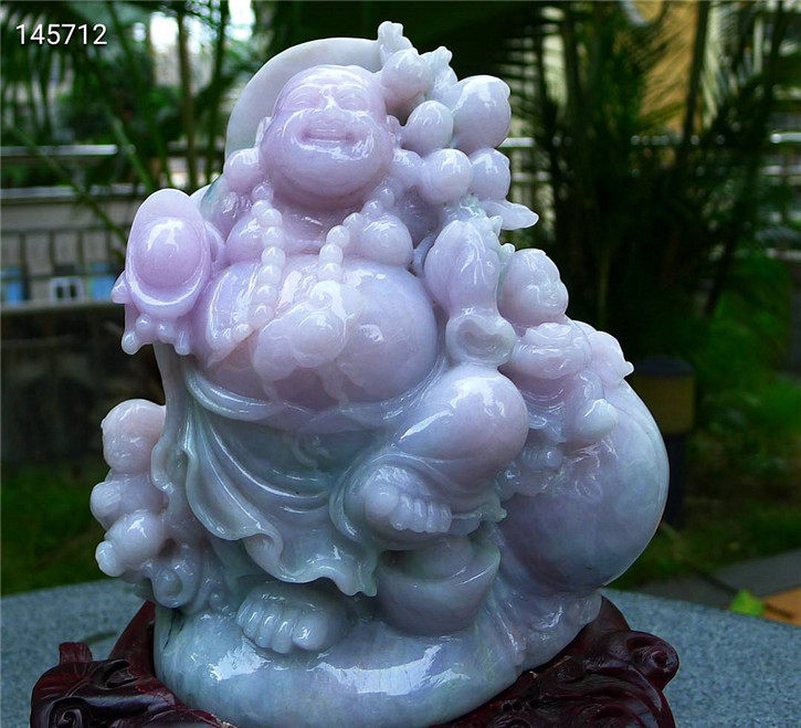 缅甸天然翡翠A货老坑种 精雕紫罗兰招财福瓜摆件 配证书