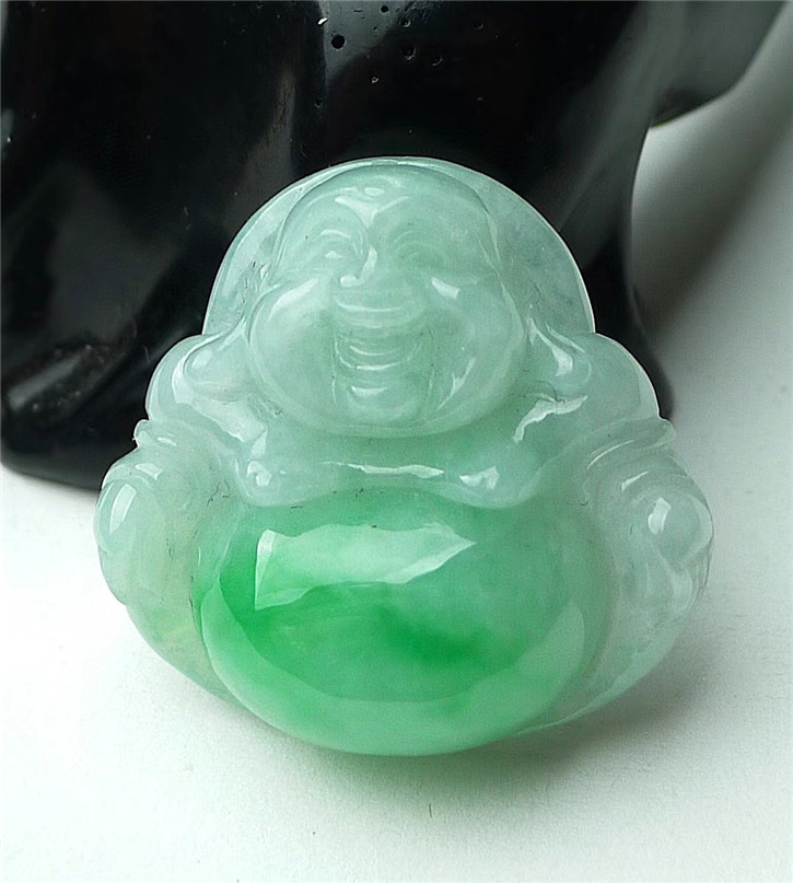 缅甸天然翡翠A货老坑种 精雕招财佛吊坠 配证书