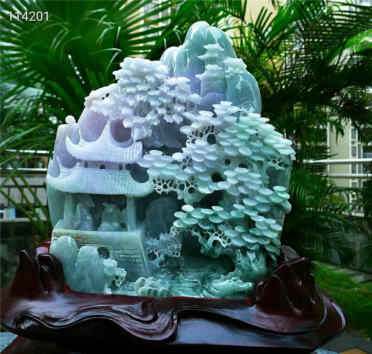 老坑种精雕高山流水配证书翡翠