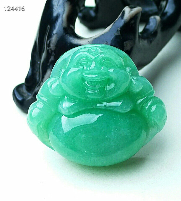 天然翡翠A货老坑种翡翠 精美阳绿色招财佛吊坠 配证书