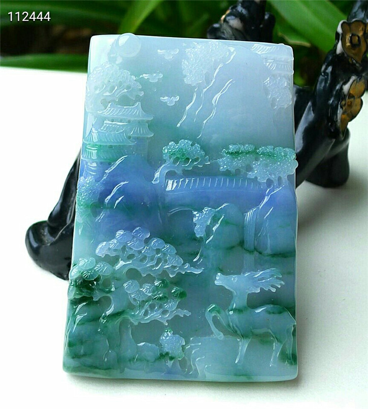 正品天然翡翠A货老坑种翡翠 精雕高山流水吊坠 配鉴定证书