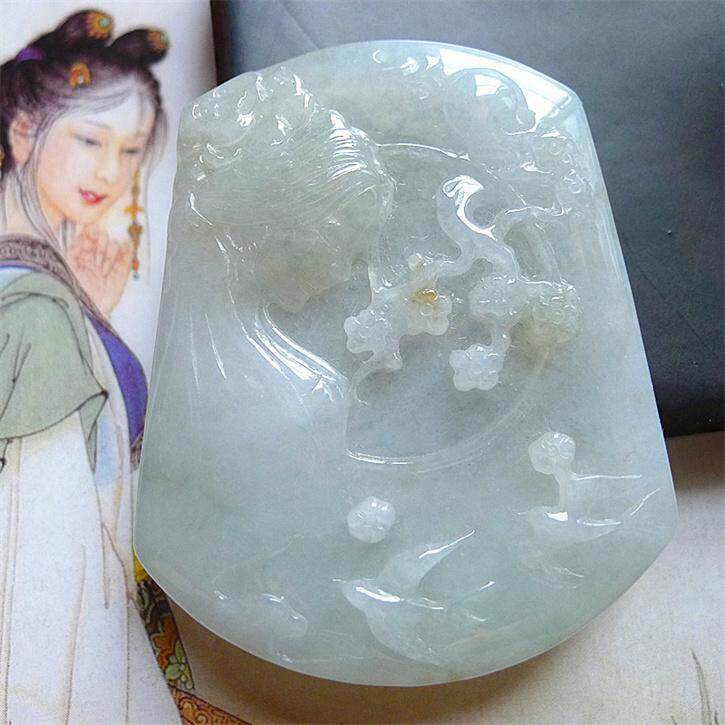 天然翡翠A货老坑种精美水润鸟语花香美人吊坠配证书