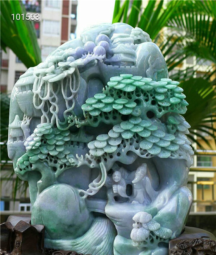 正品天然翡翠A货老坑种 精雕山水摆件 配鉴定证书