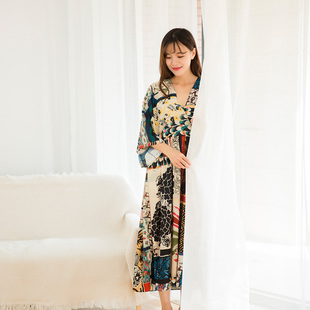 印花连衣裙 民族风和风数码 和风裙 波西米亚V领宽松度假长沙滩裙