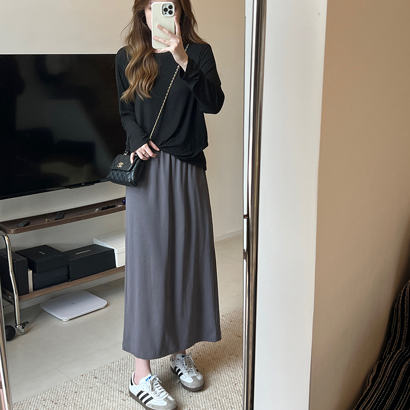 天丝铜氨丝混纺半身长裙女早秋通勤松紧腰垂感显瘦中长款直筒裙
