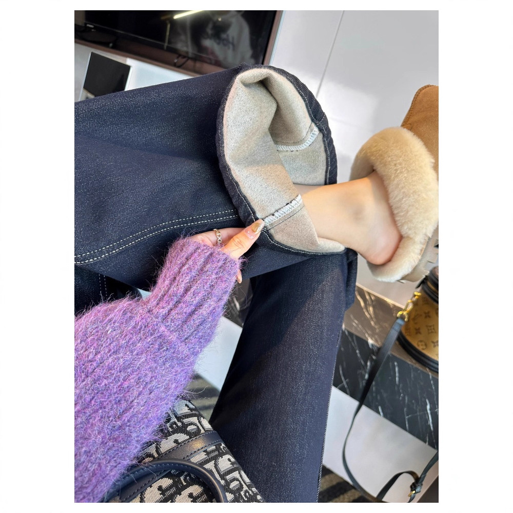 双生黑金色！b入~天鹅绒微喇叭裤女秋冬新加绒加厚高腰弹力牛仔裤