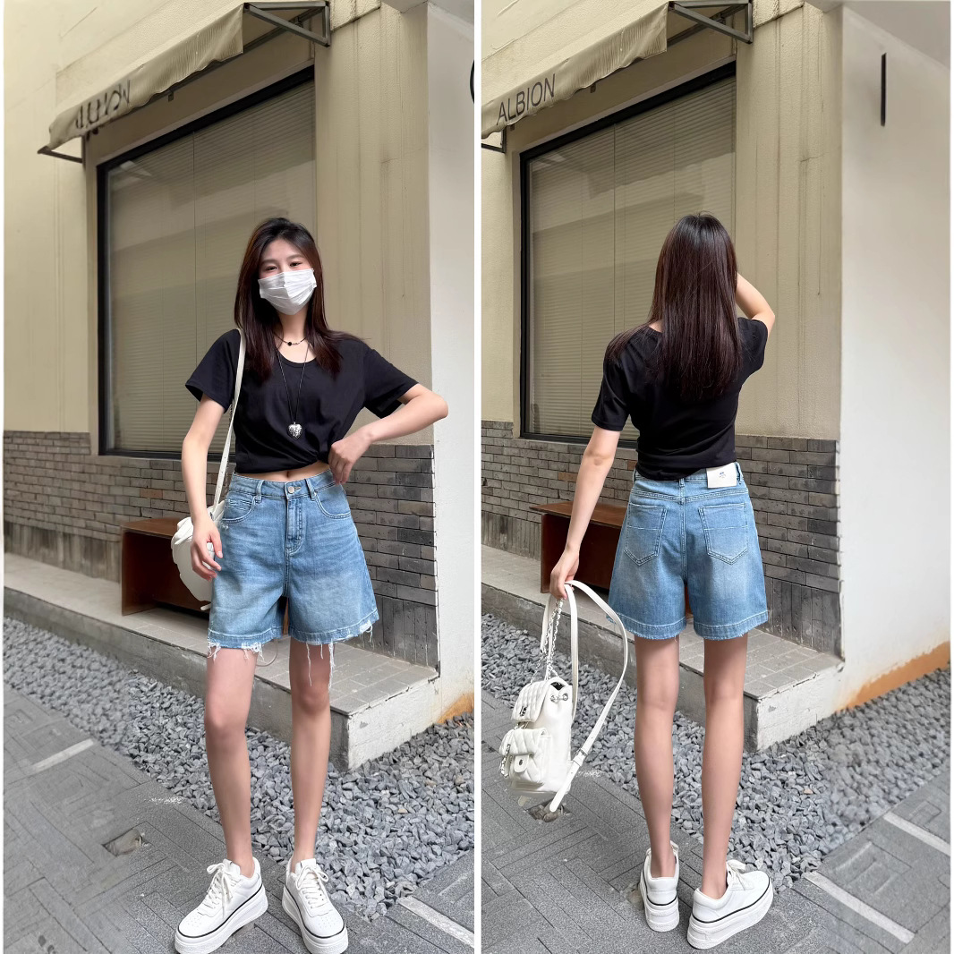 秒变长腿~2025新款夏季牛仔短裤女薄款高腰A字显瘦浅蓝色毛边