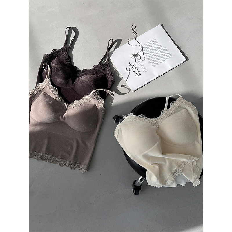 丝绒蕾丝花边美背吊带女秋冬带胸垫亲肤舒适修身打底 X6157