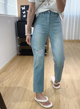 显瘦tian花板！~蓝破洞法棍九分牛仔裤女夏薄款2026新款修身裤子