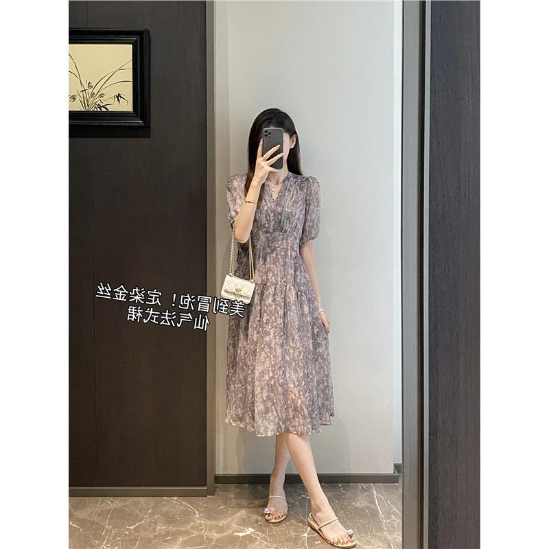 朦胧仙气~法式茶歇金丝碎花风琴褶正肩泡泡袖连衣裙长款仙女裙女