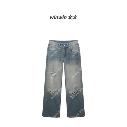 时尚宽松百搭水洗直筒破洞牛仔裤