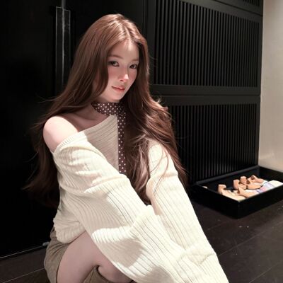 秋斜肩针织衫带丝巾毛衣