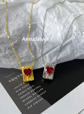 通体S925纯银时尚简约几何长方形吊坠爱心方糖项链短款锁骨链