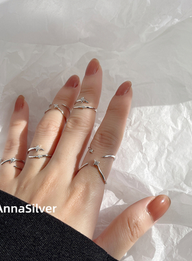 通体S925纯银时尚简约尾戒关节戒镶钻芒星锆石开口戒指指环