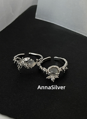通体S925纯银冷淡风设计感蝴蝶玛瑙戒指开口指环