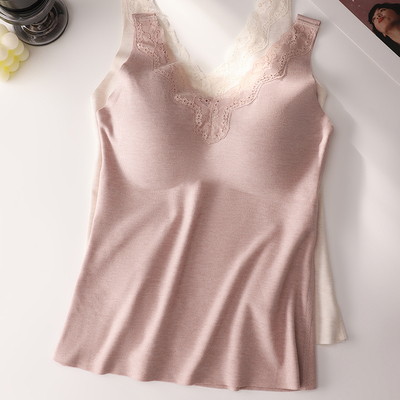 蕾丝边吊带背心女保暖带胸垫一体式微磨毛秋冬季修身内搭打底上衣
