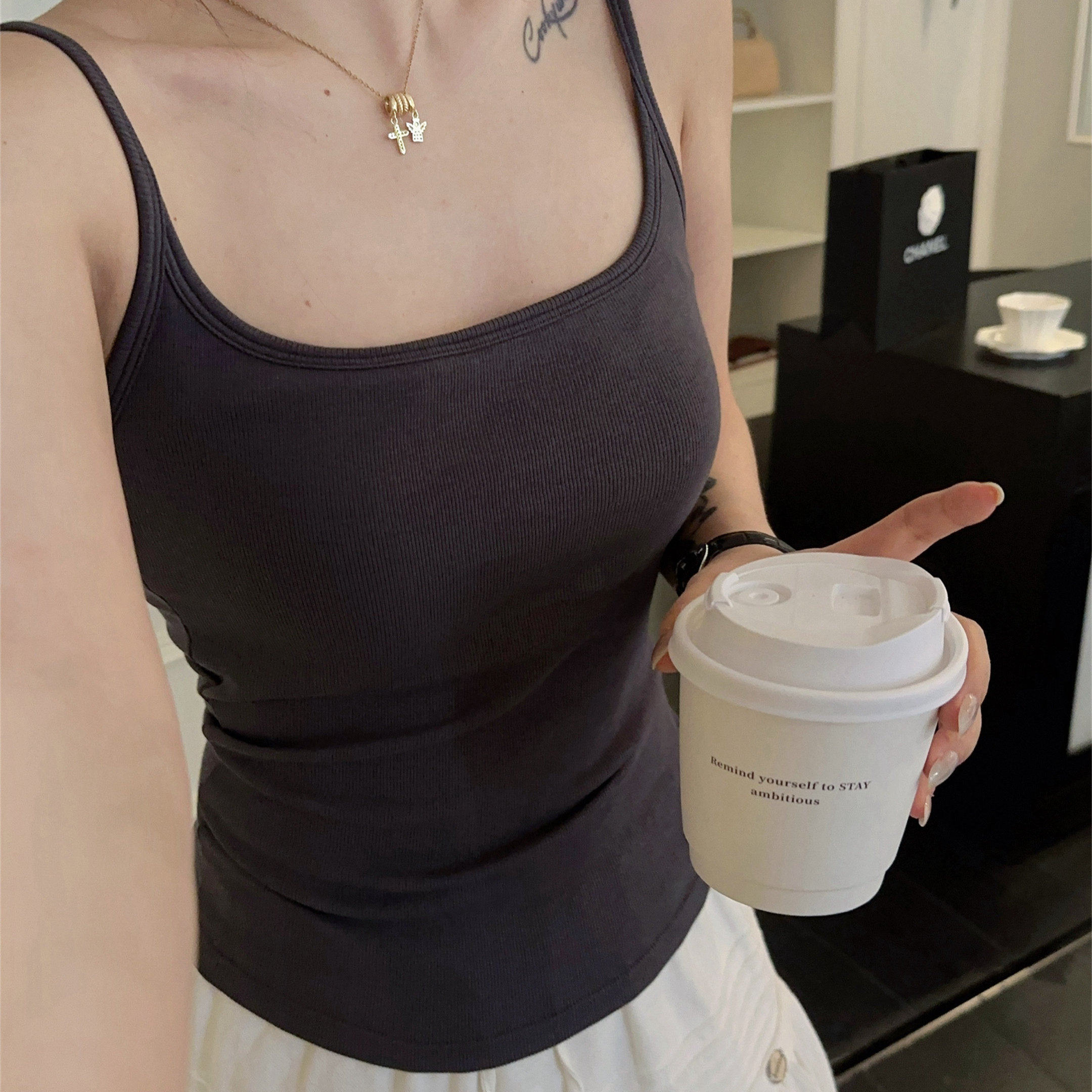 简约纯棉吊带背心女一体杯美背春夏季自带胸垫显瘦可外穿打底内搭