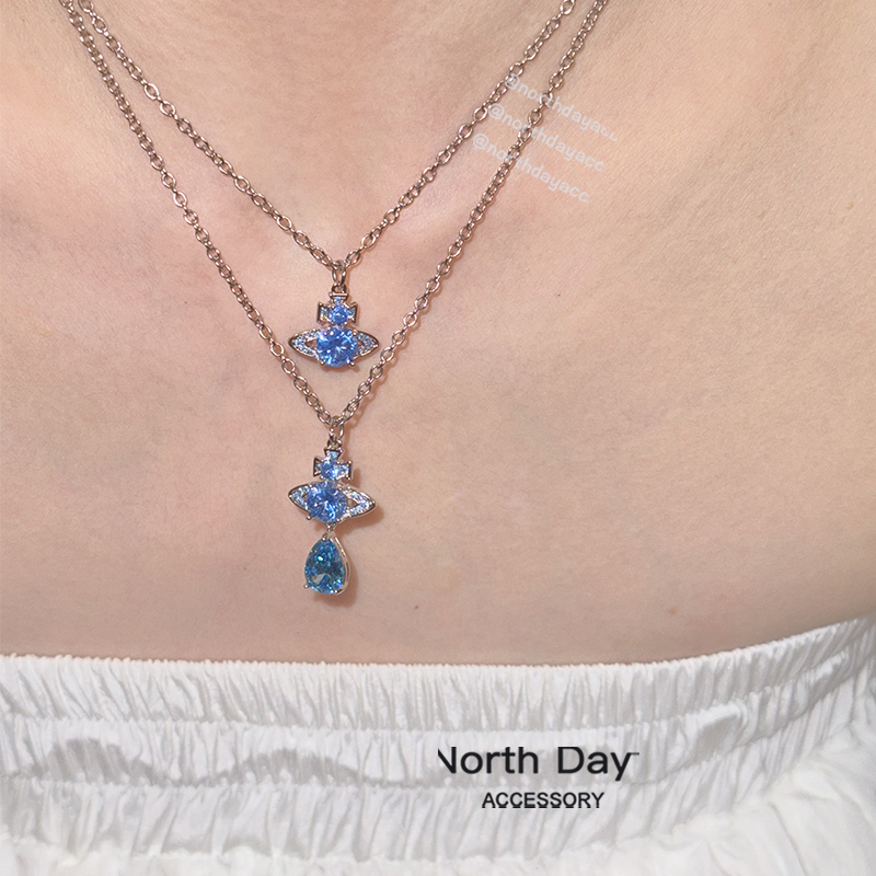 Adhoc Passion蔚蓝深海 蓝色系宝石土星人鱼泪水滴钛钢项链锁骨链